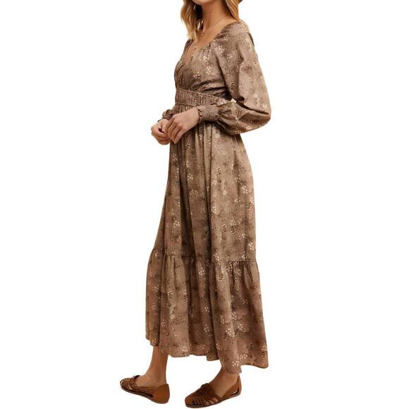NEW KNIT & LOUNGE long sleeve floral print tiered midi dress in brown - Picture 4 of 5